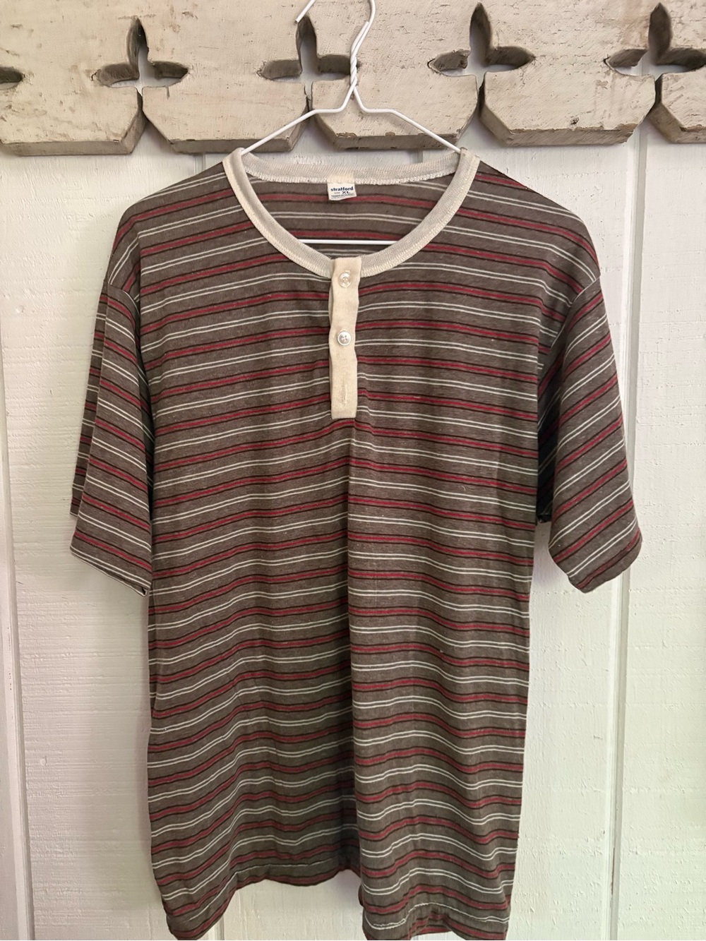Vintage 60 70s Striped Short-Sleeve Shirt - Brown with Red & Cream Stripe Flaw!!